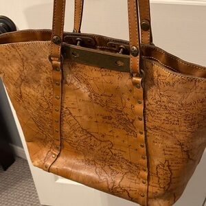 Patricia Nash Tan Map-Print Leather Tote with Rivet Strap Accents